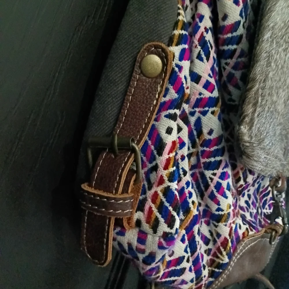 Myra Bag Handmade Vibrant Backpack Upcycled Canvas & Cowhide Leather Western